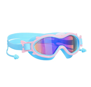 Kids Swim Goggles With Ear Plugs UV Protection Anti-Fog Leak Proof Wide View Pool Swimming Goggles (Option: Blue PinkRim)